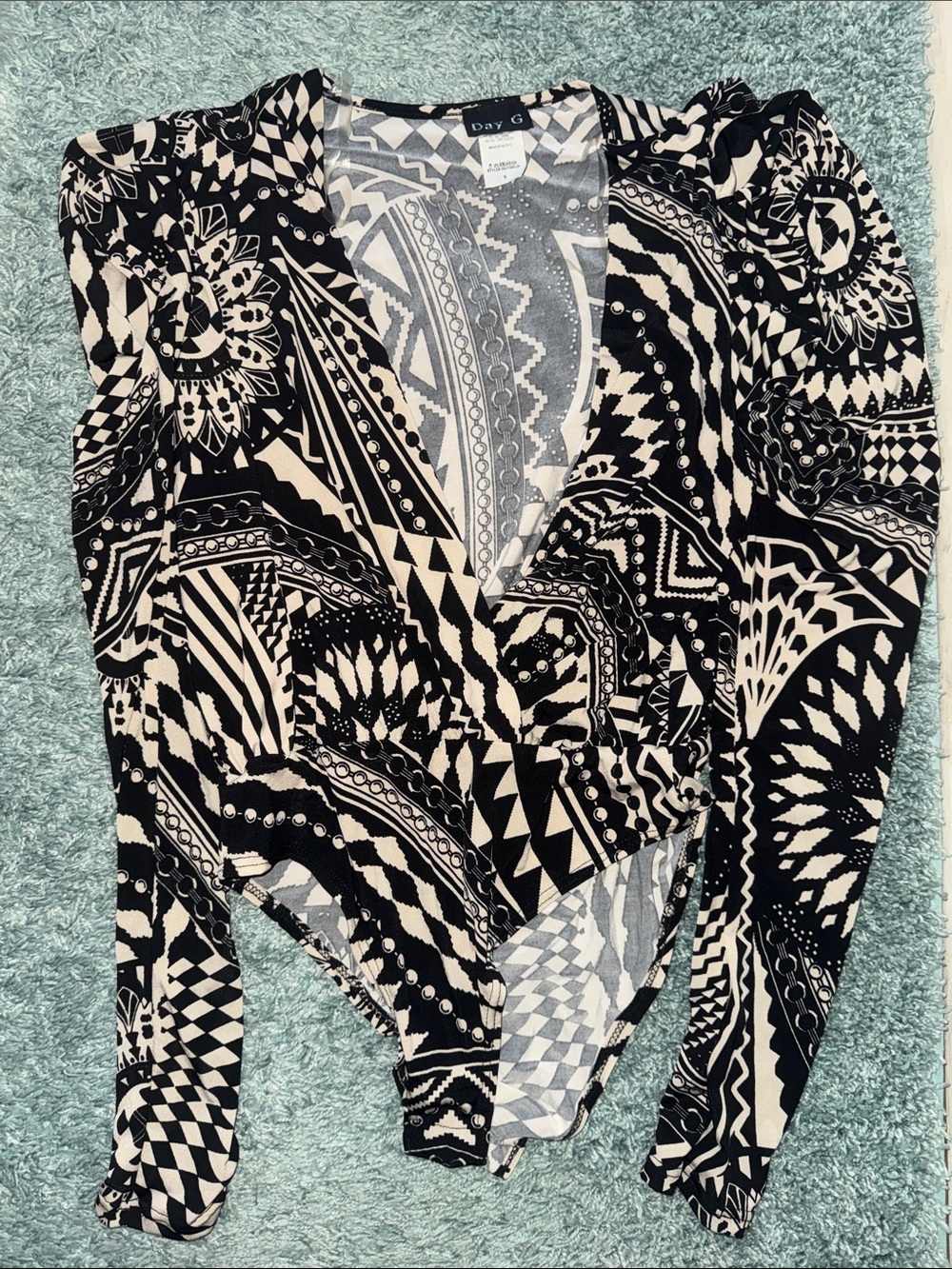 Day G Black & White Printed Wrap V-Neck Bodysuit